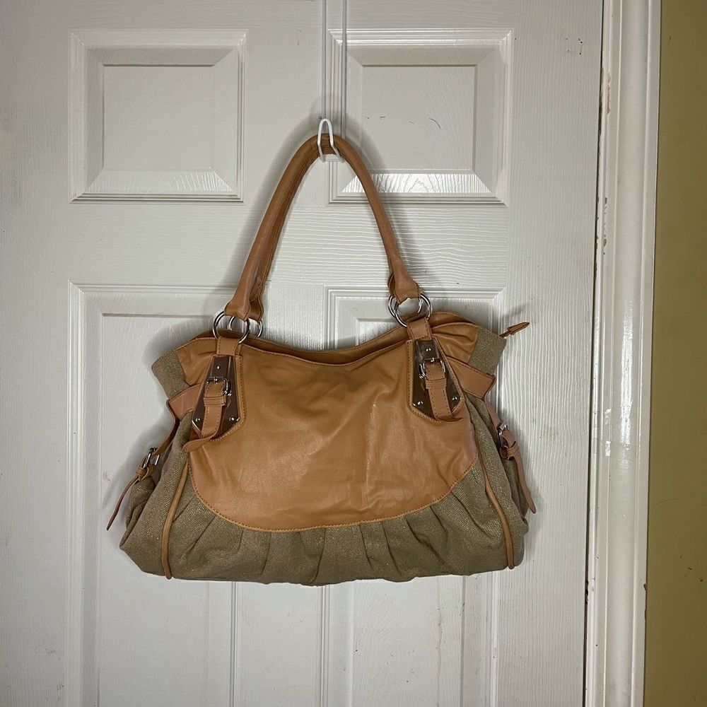Cato canvas khaki & tan faux leather satchel with silver tone hardwares .